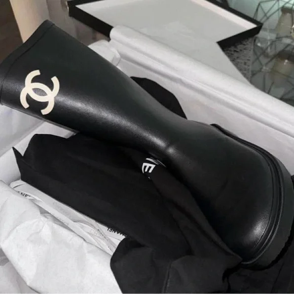 CHANEL Black Knee-High Logo Boots - Picture 1 of 4